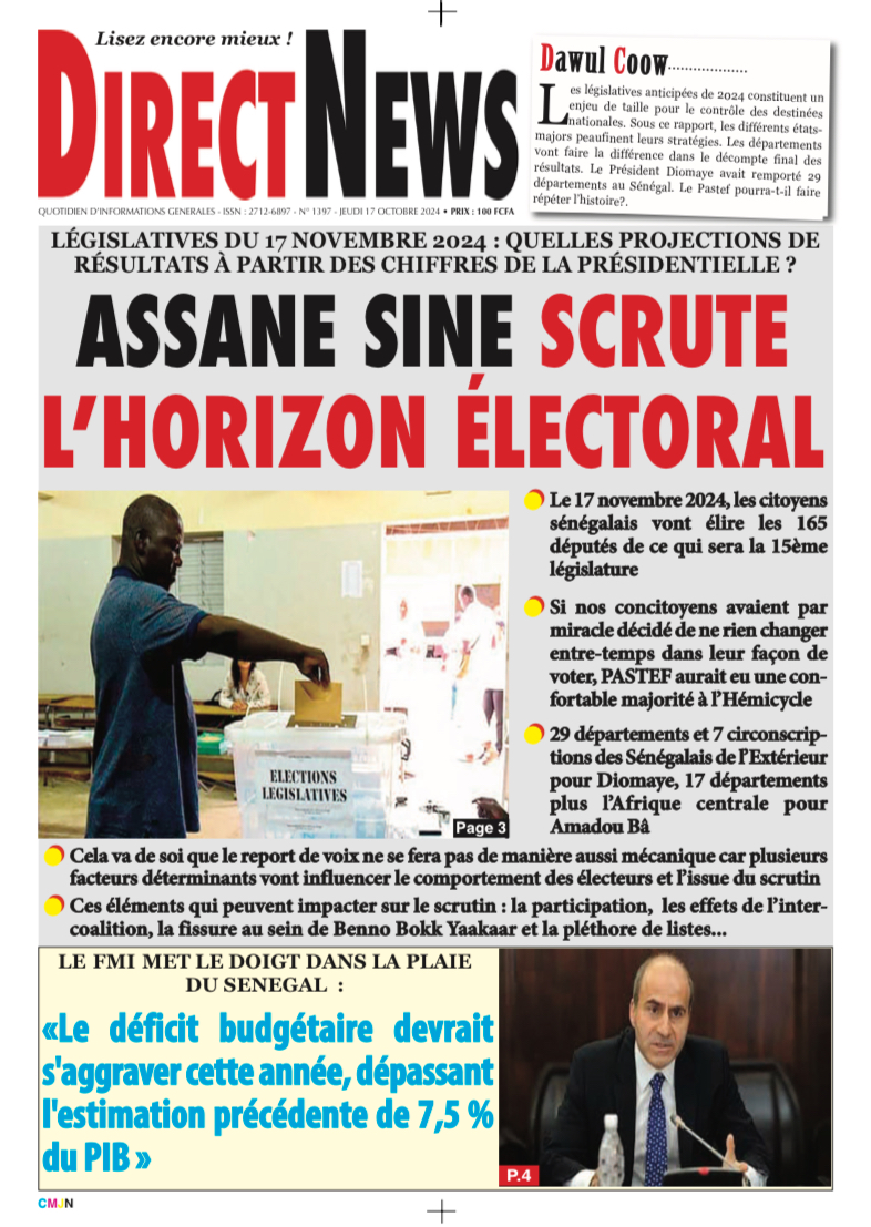 Une du journal Directnewsinfo du jeudi 17 Octobre 2024