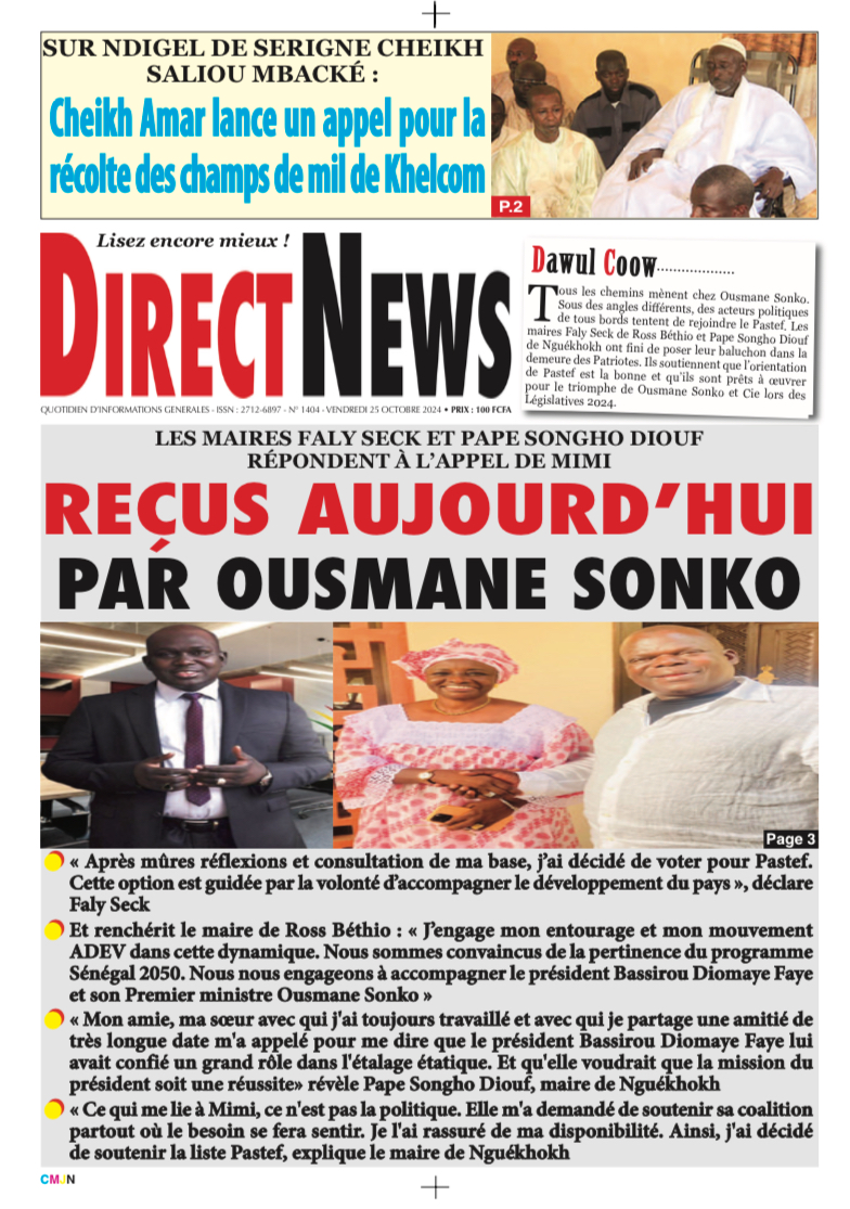 Une du journal Directnewsinfo du Vendredi 25 Octobre 2024