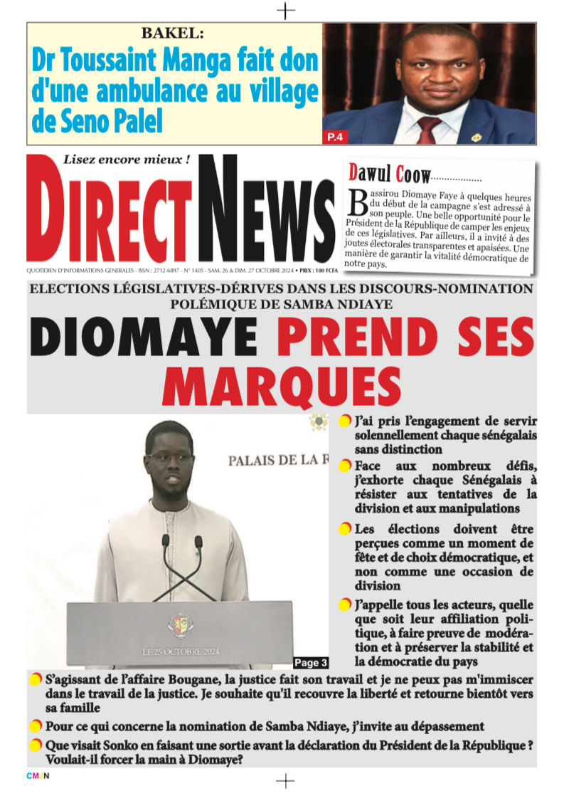 Une du journal Directnewsinfo du Samedi 26 Octobre 2024