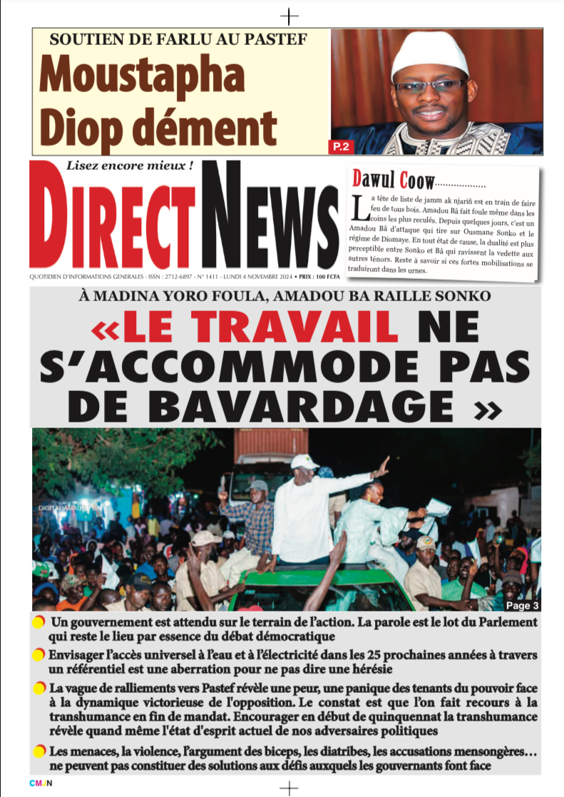 Une du journal Directnewsinfo du Lundi 04 Novembre 2024