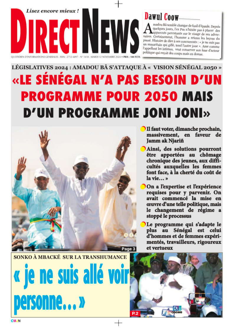 Une du journal Directnewsinfo du Mardi 12 Novembre 2024