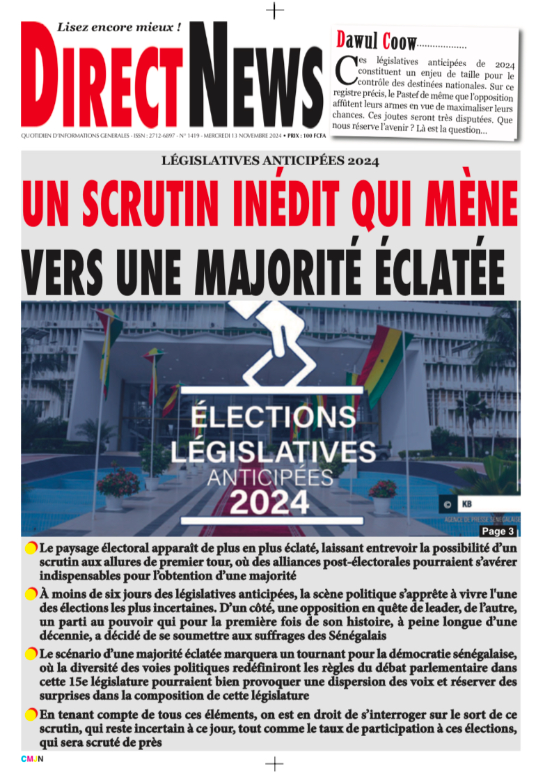 Une du journal Directnewsinfo du Mercredi 13 Novembre 2024