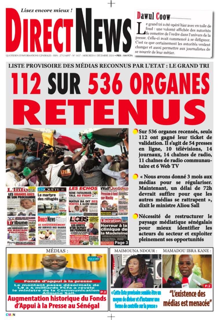 Une du journal Directnewsinfo du Mercredi 04 Décembre 2024