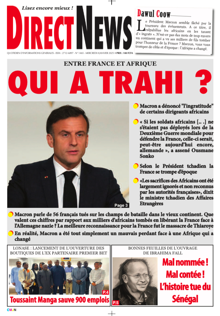 Une du journal Directnewsinfo du Mercredi 08 Janvier 2025