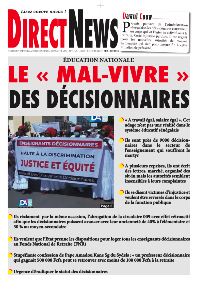 Une du journal Directnewsinfo du Lundi 13 Janvier 2025